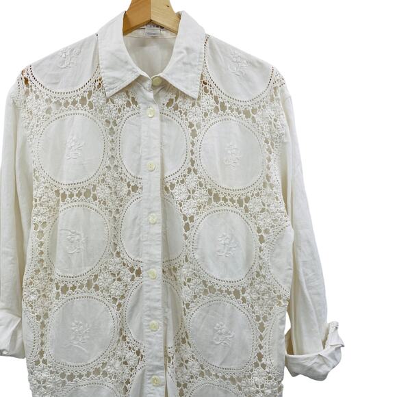The Limited Tops - Vintage The Limited white crochet linen blend button down